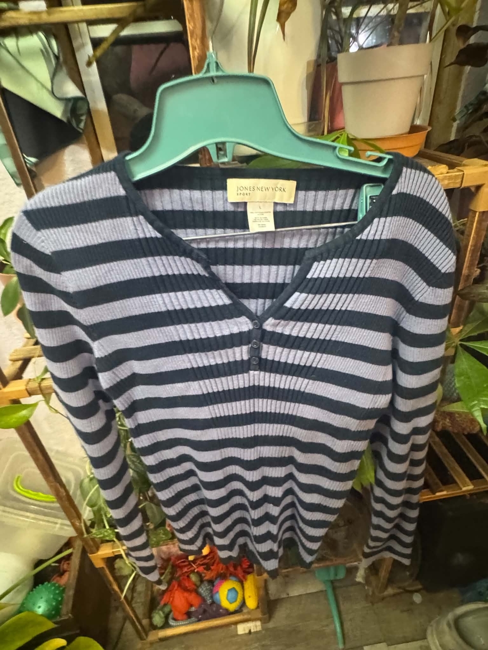 Jones New York Striped Navy and Gray V-Neck Sweater